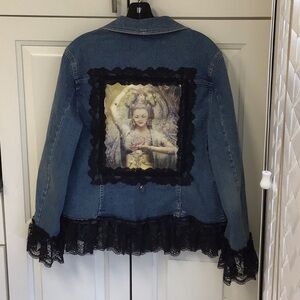 Denim Jacket with Artistic Print and Lace Trim